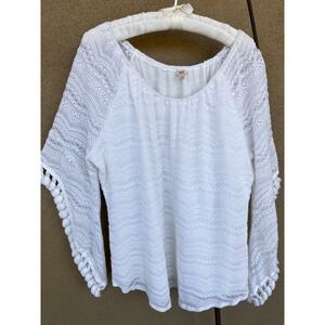 Reba White Lace Crochet Blouse Pom Poms Tassel Sleeve Bohemian Eyelet Top Size L
